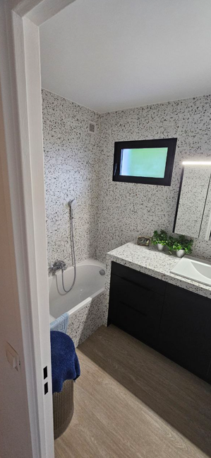 salle de bain renovee plan vasque simple et nouvelle robinetterie baignoire carrelage moderne